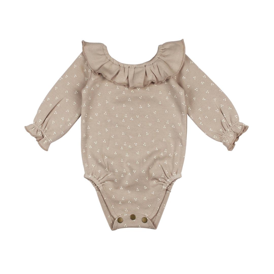 Organic Ruffle Neck Bodysuit in Oatmeal Dots.