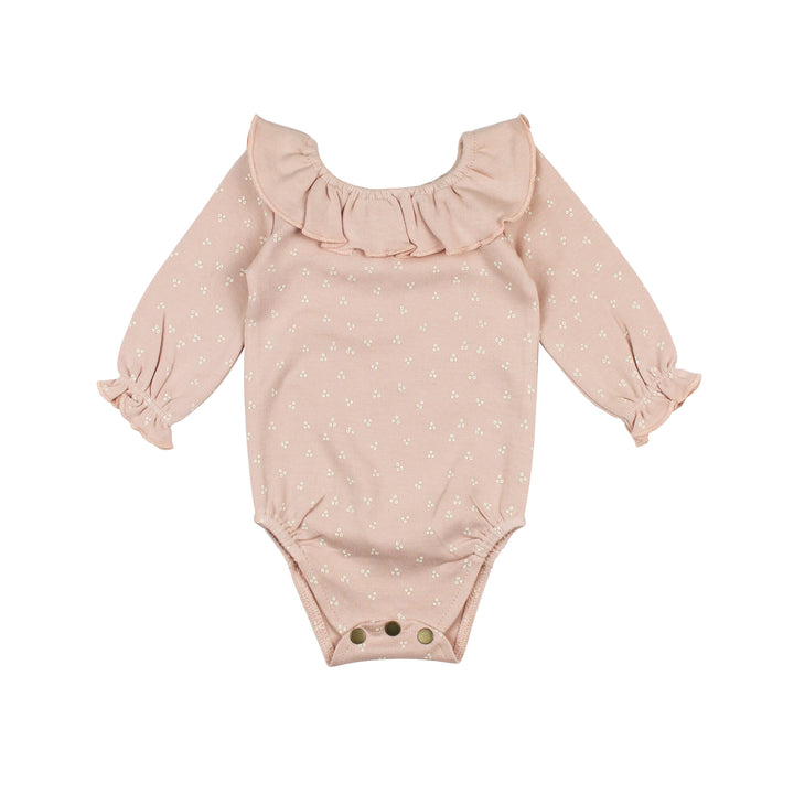 Organic Ruffle Neck Bodysuit in Rosewater Dots.