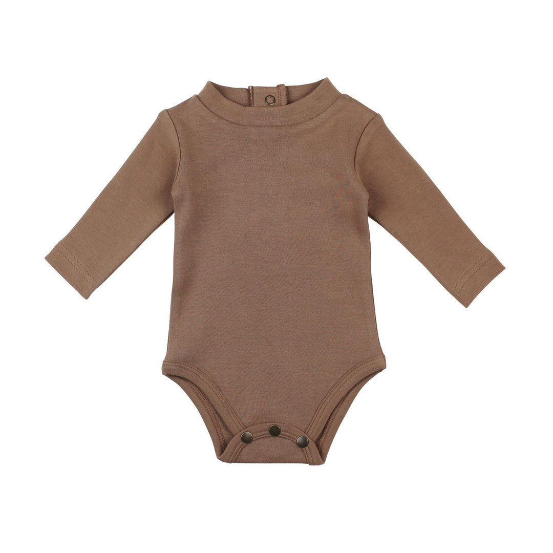 Organic Mock-Neck Bodysuit in Latte, a medium brown color.