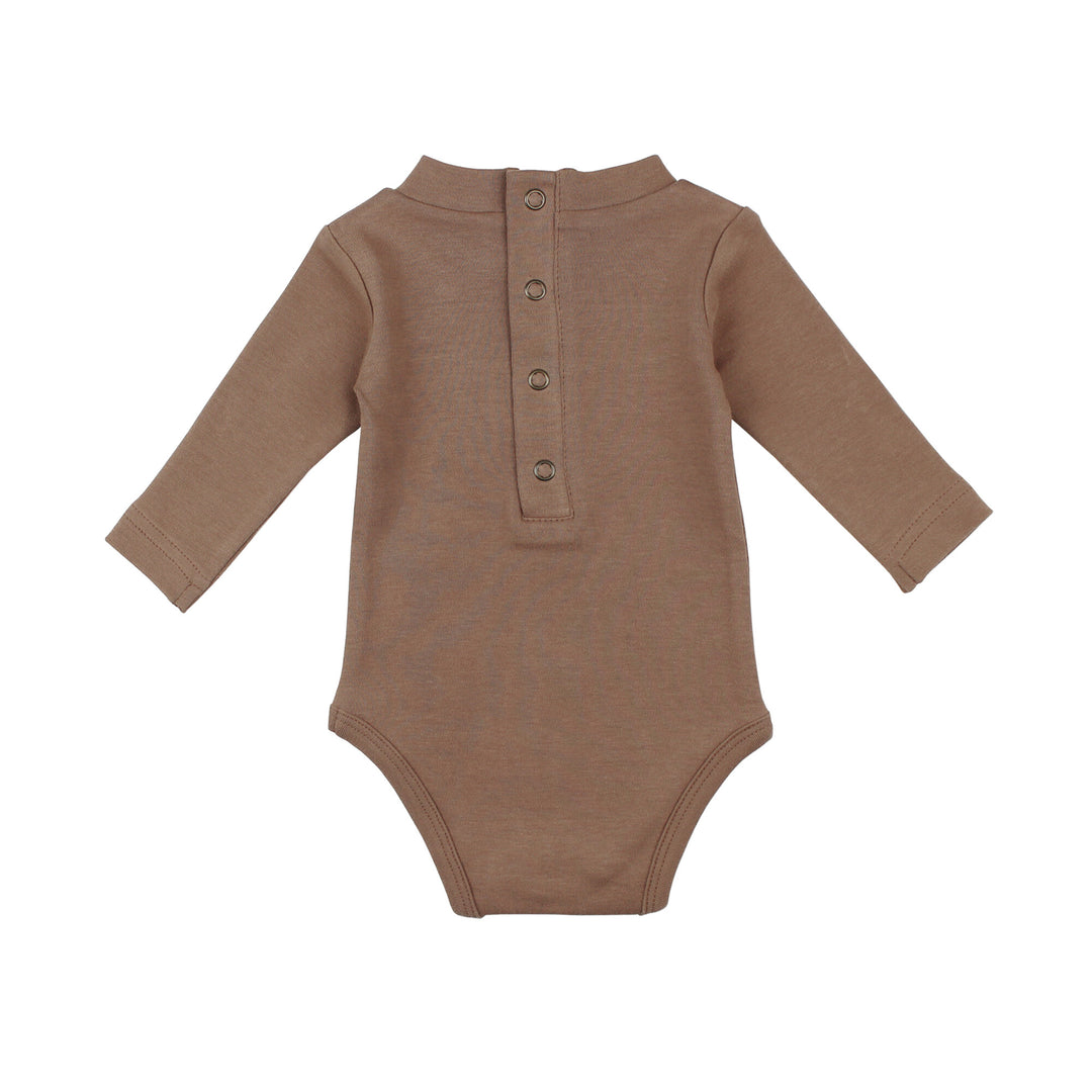 Back view of Organic Mock-Neck Bodysuit in Latte, a medium brown color.