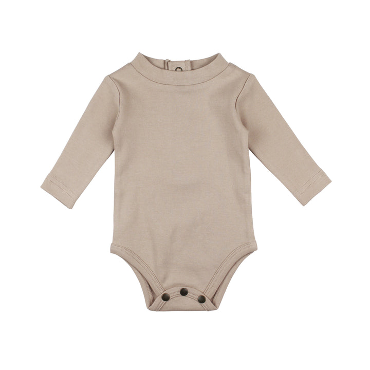 Organic Mock-Neck Bodysuit in Oatmeal, a light tan color.