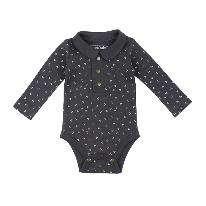 Organic Polo Bodysuit in Charcoal Dots.