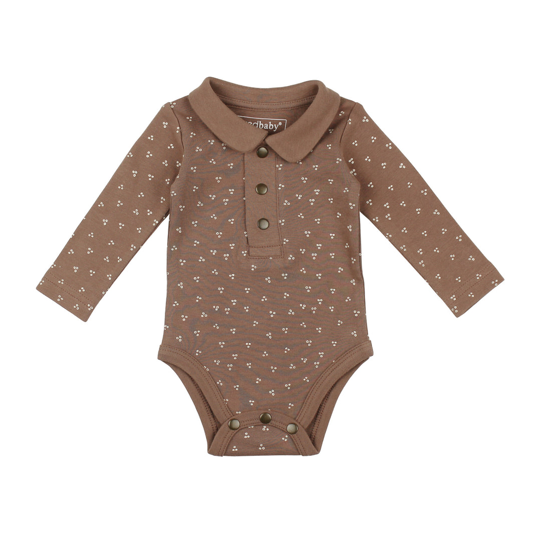 Organic Polo Bodysuit in Latte Dots.