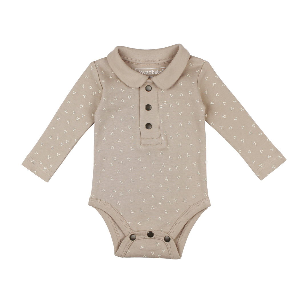 Organic Polo Bodysuit in Oatmeal Dots.