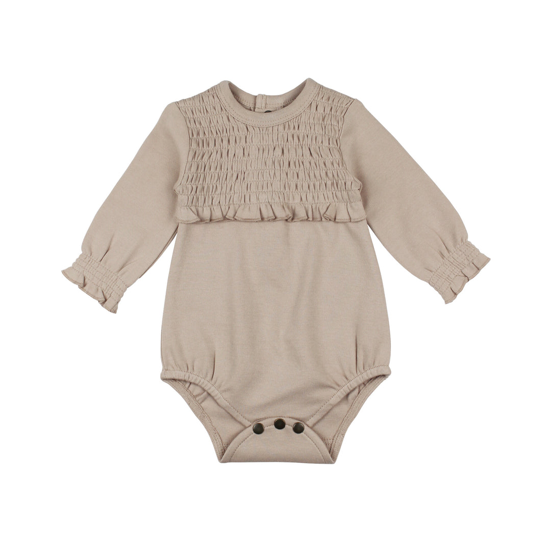 Organic Smocked Chest Bodysuit in Oatmeal, a light tan color.