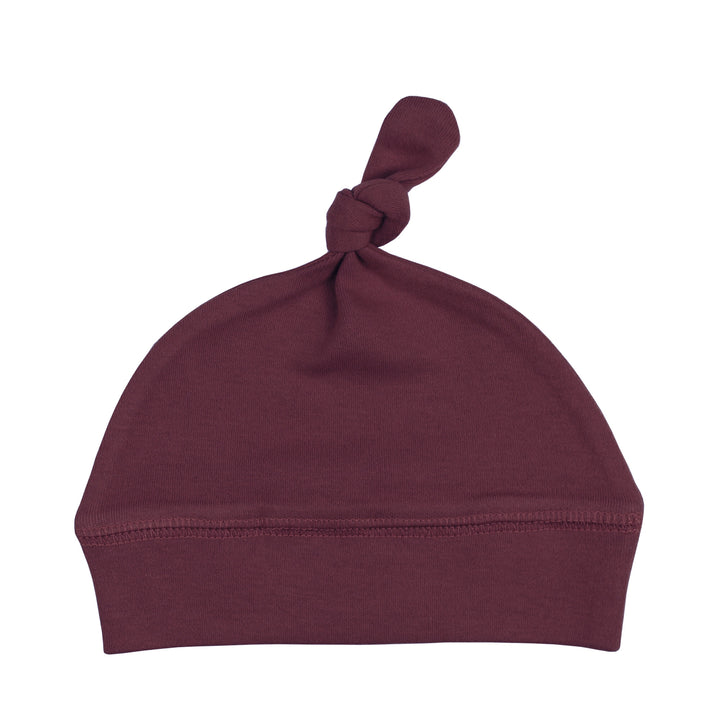 Organic Banded Top-Knot Hat in Plum, a dark purple color.