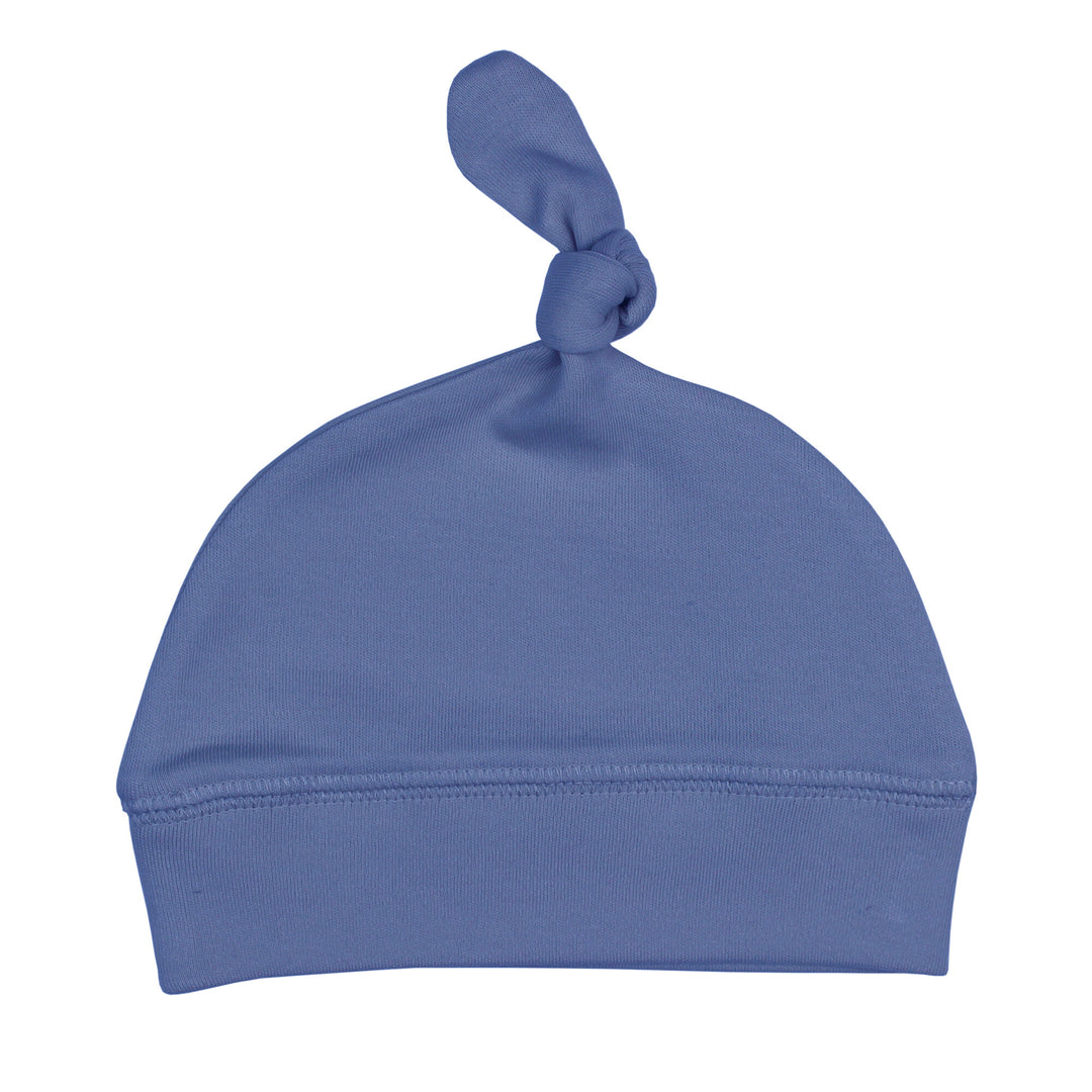 Organic Banded Top-Knot Hat in Slate, a medium blue color.