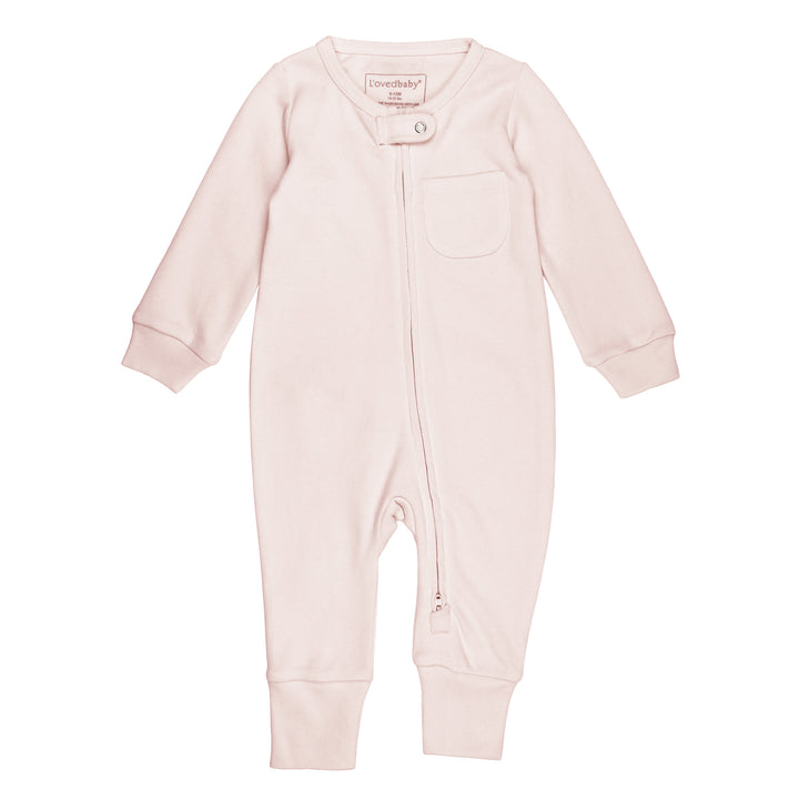 Organic Footless 2-Way Zipper Romper in Blush, a pale pink color.