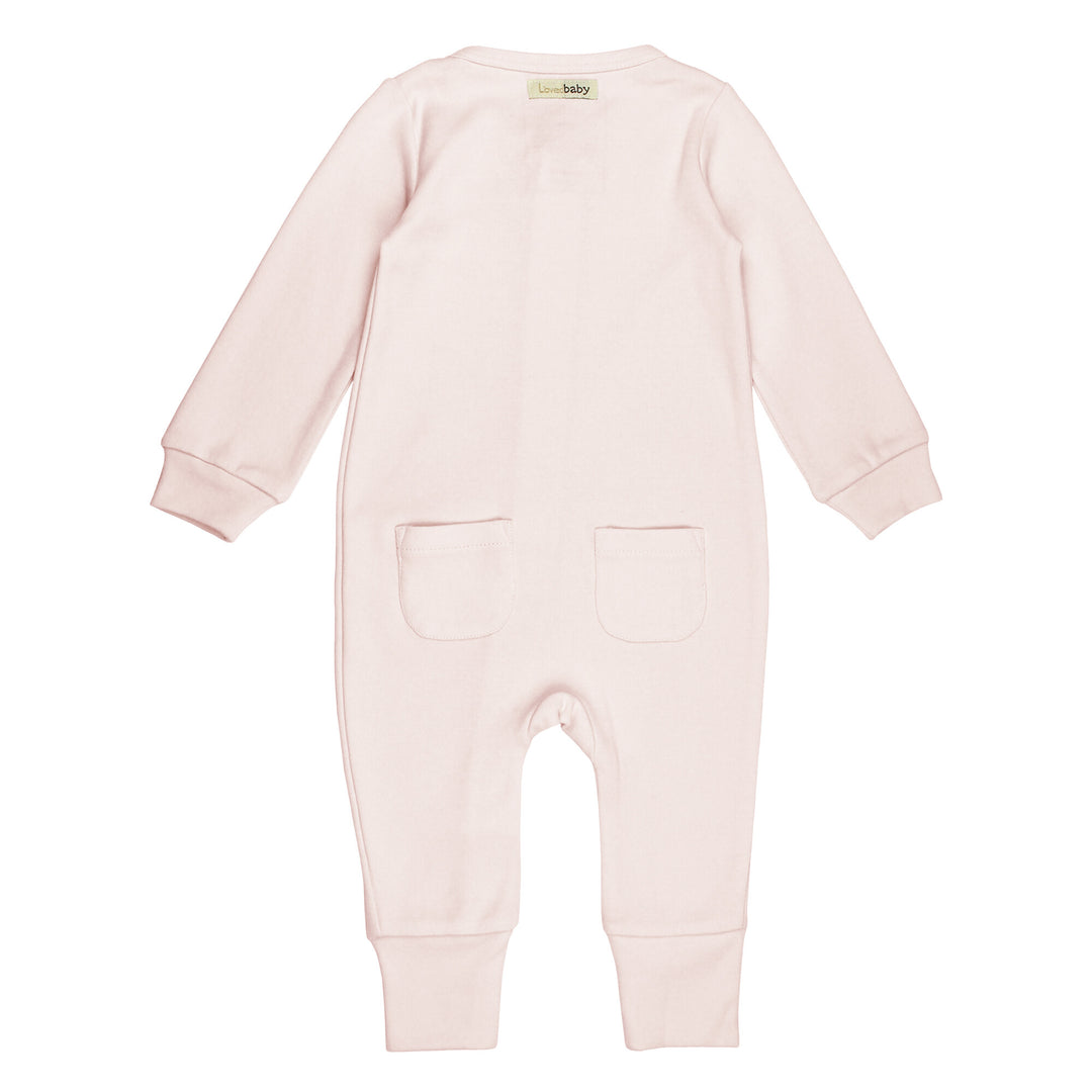 Back view of Organic Footless 2-Way Zipper Romper in Blush, a pale pink color.