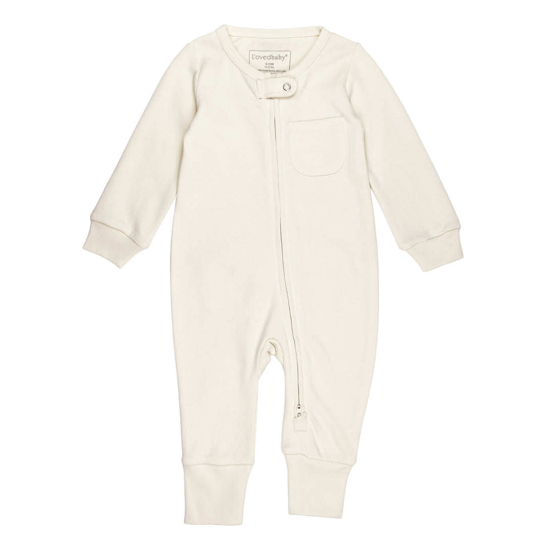 Organic Footless 2-Way Zipper Romper in Buttercream, a light beige color.