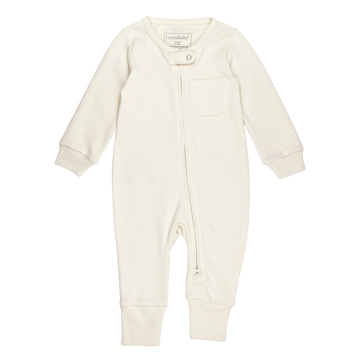 Organic Footless 2-Way Zipper Romper in Buttercream, a light beige color.