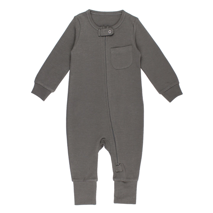 Organic Footless 2-Way Zipper Romper in Gray.