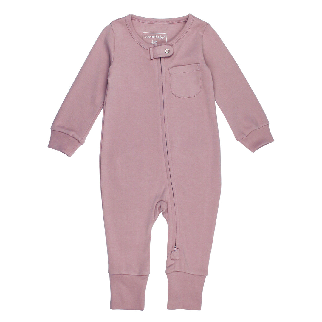 Organic Footless 2-Way Zipper Romper in Lavender, a light purple color.