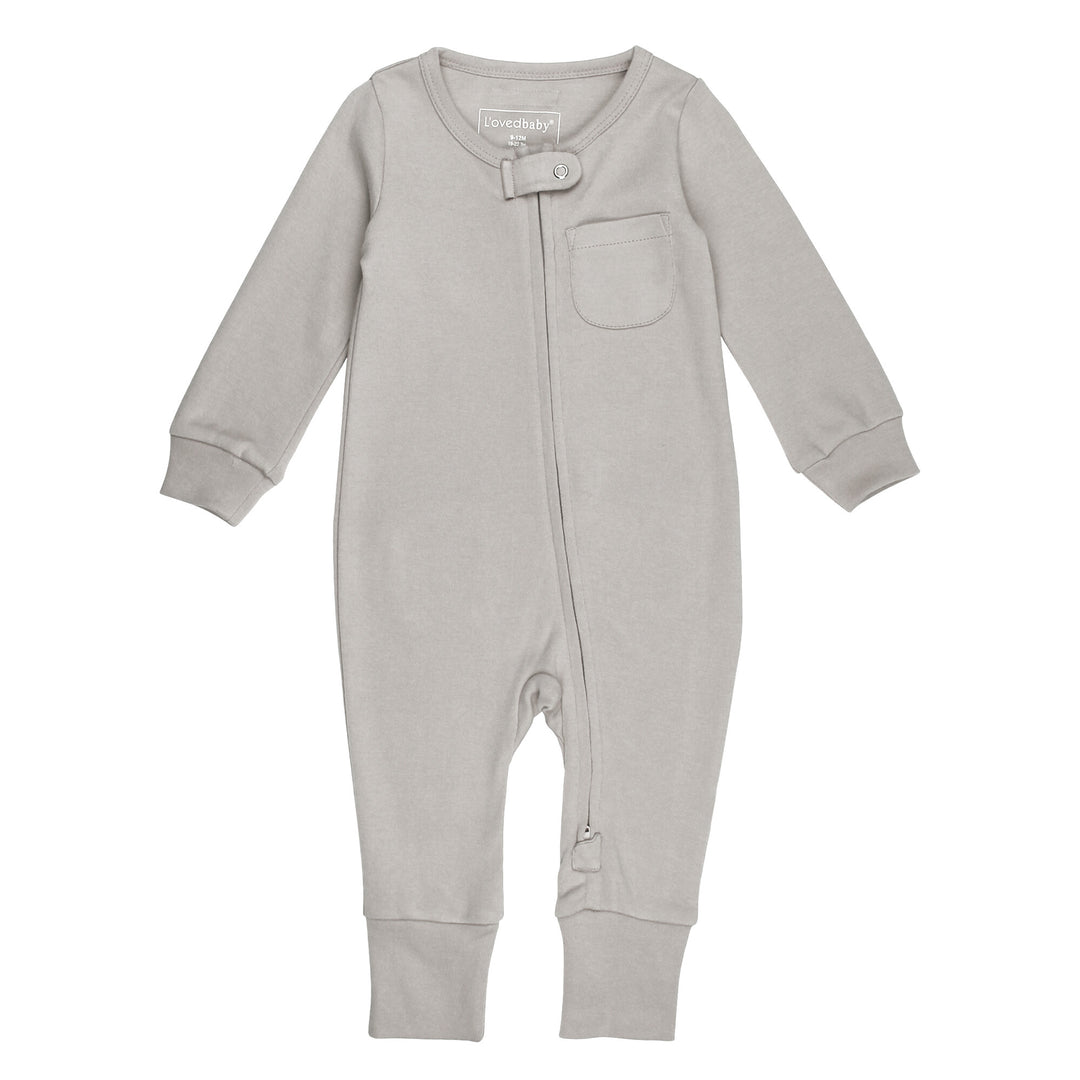 Organic Footless 2-Way Zipper Romper in Light Gray.