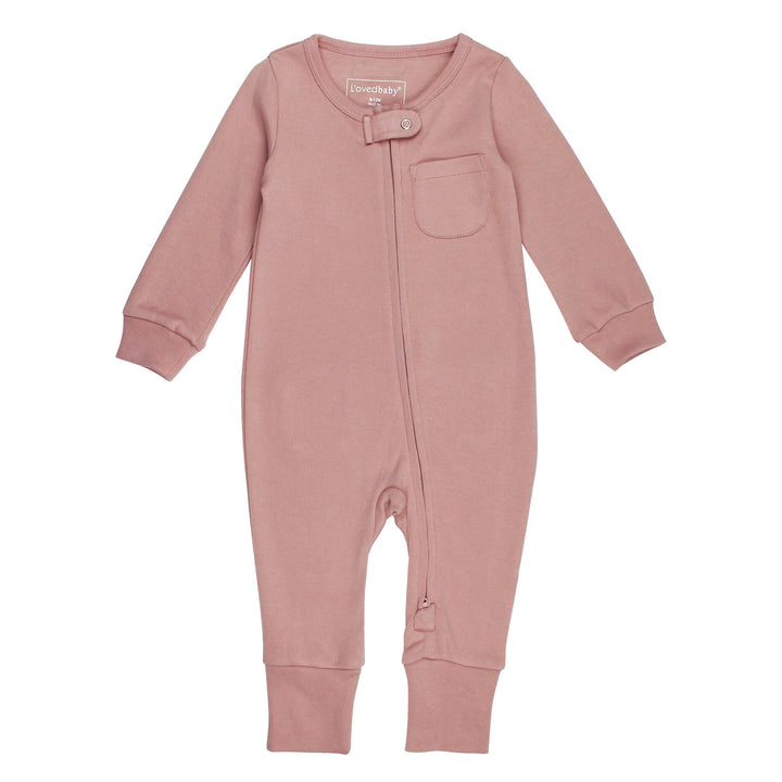 Organic Footless 2-Way Zipper Romper in Mauve, a medium pink color.