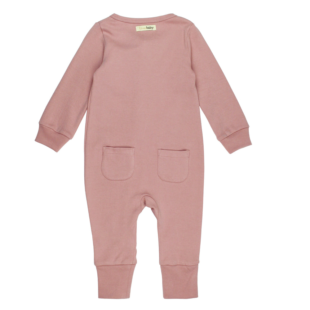 Back view of Organic Footless 2-Way Zipper Romper in Mauve, a medium pink color.