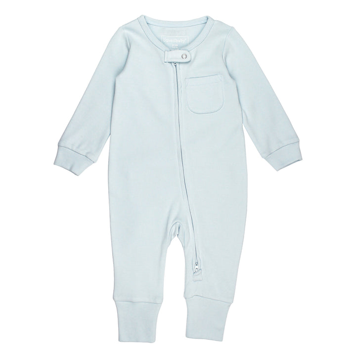 Organic Footless 2-Way Zipper Romper in Moonbeam, a pale blue color.