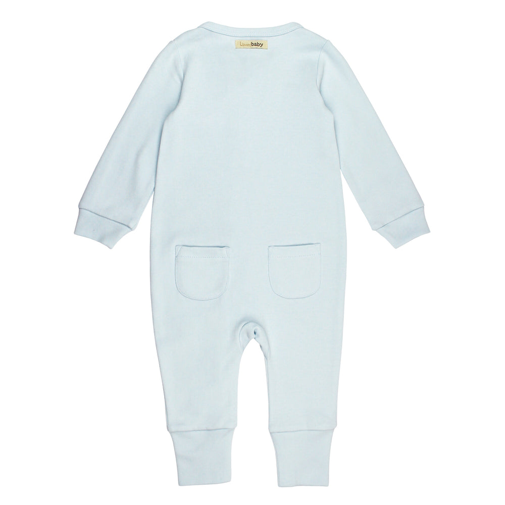 Back view of Organic Footless 2-Way Zipper Romper in Moonbeam, a pale blue color.