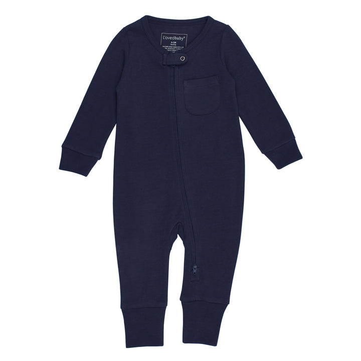 Organic Footless 2-Way Zipper Romper in Navy, a dark blue color.