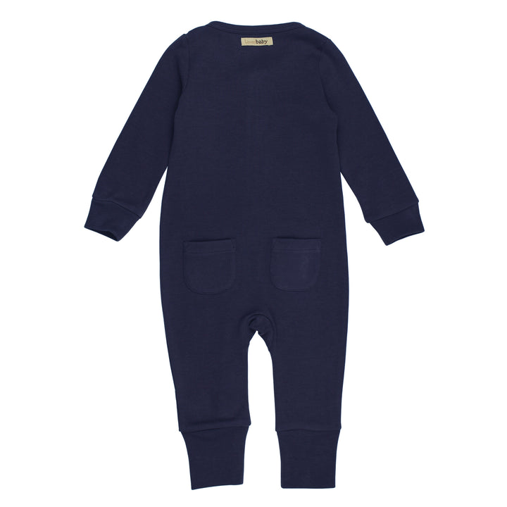 Back view of Organic Footless 2-Way Zipper Romper in Navy, a dark blue color.