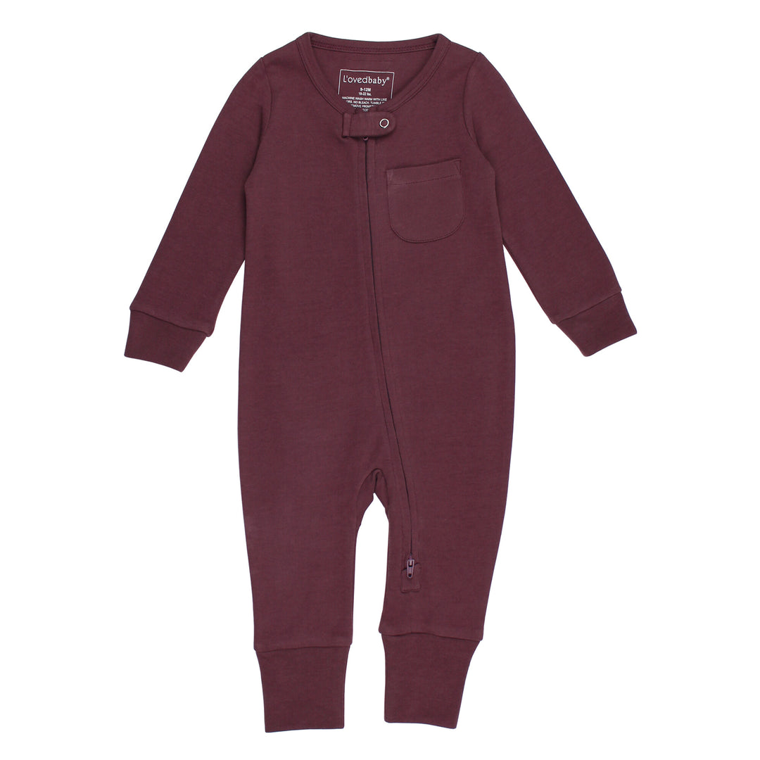 Organic Footless 2-Way Zipper Romper in Plum, a dark purple color.