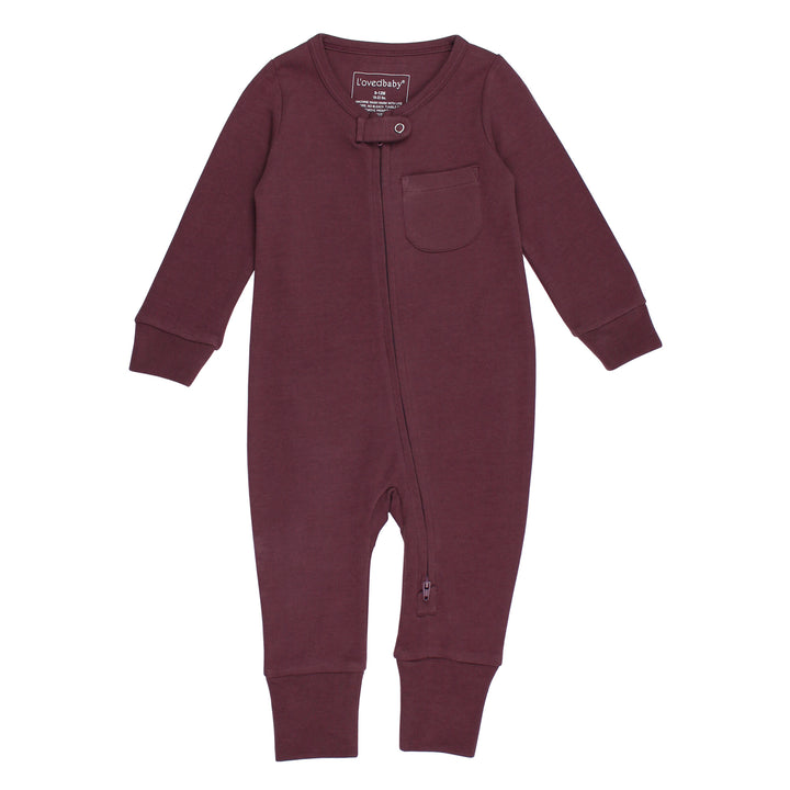 Organic Footless 2-Way Zipper Romper in Plum, a dark purple color.