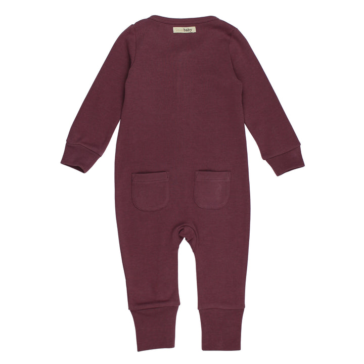 Back view of Organic Footless 2-Way Zipper Romper in Plum, a dark purple color.