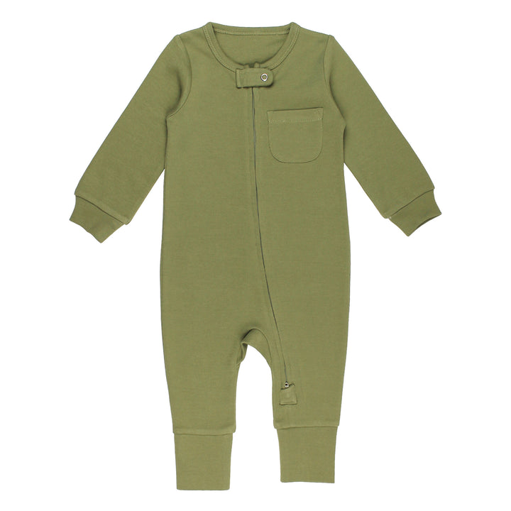 Organic Footless 2-Way Zipper Romper in Sage, a medium green color.