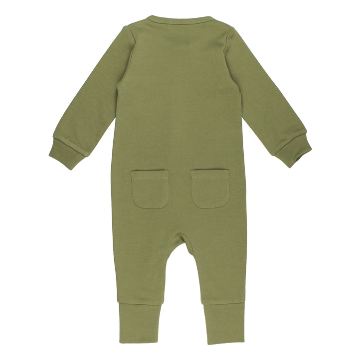 Back view of Organic Footless 2-Way Zipper Romper in Sage, a medium green color.