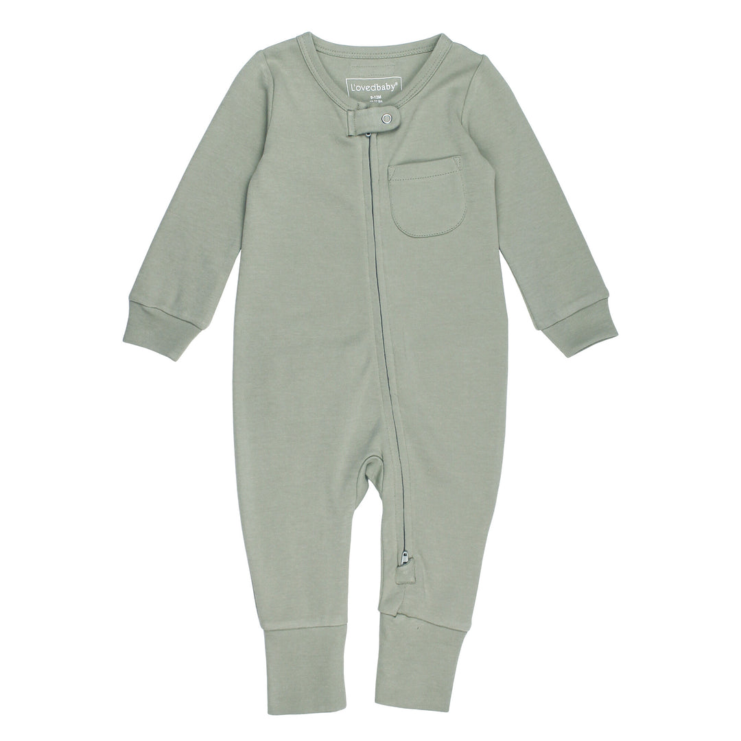 Organic Footless 2-Way Zipper Romper in Seafoam, a light green color.