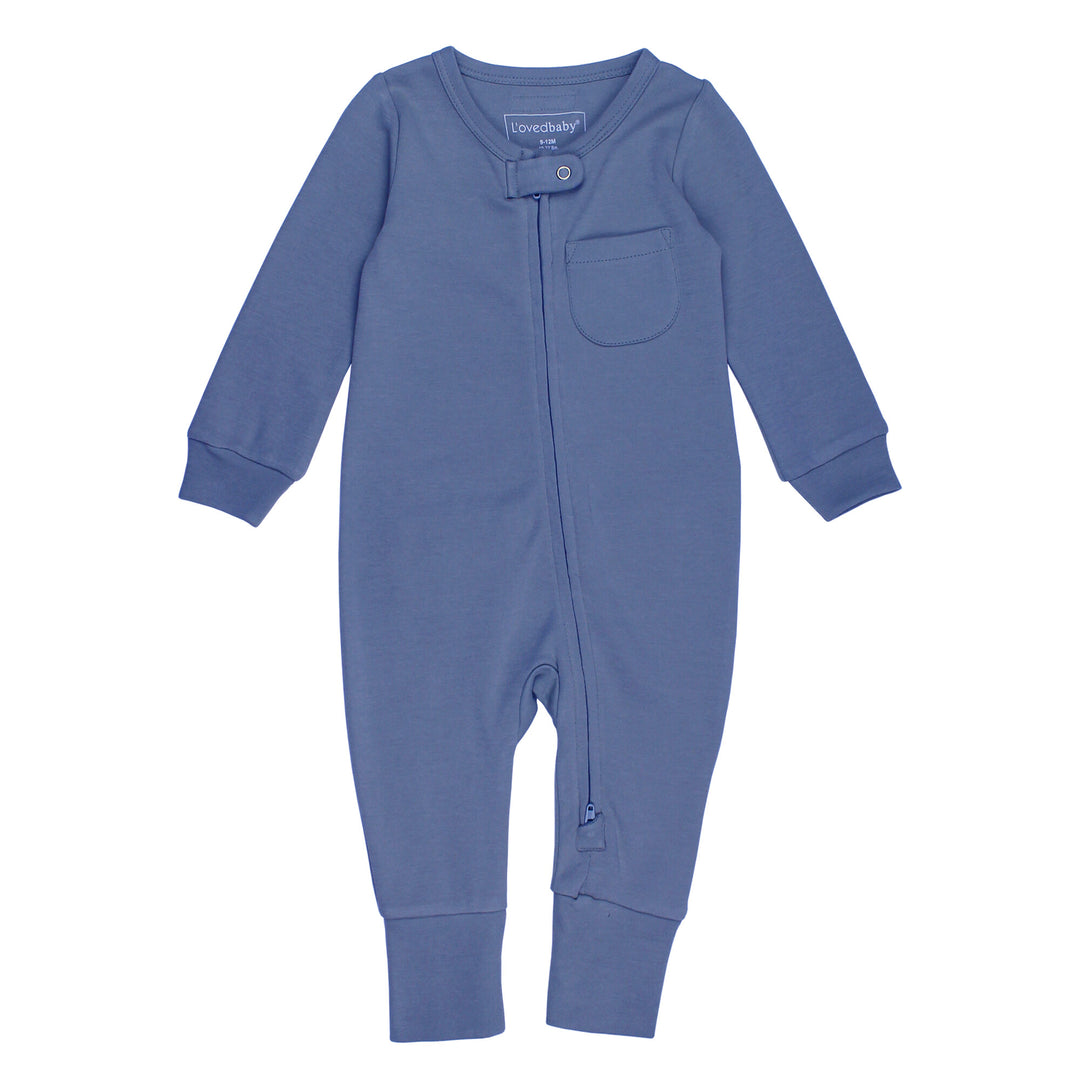 Organic Footless 2-Way Zipper Romper in Slate, a medium blue color.