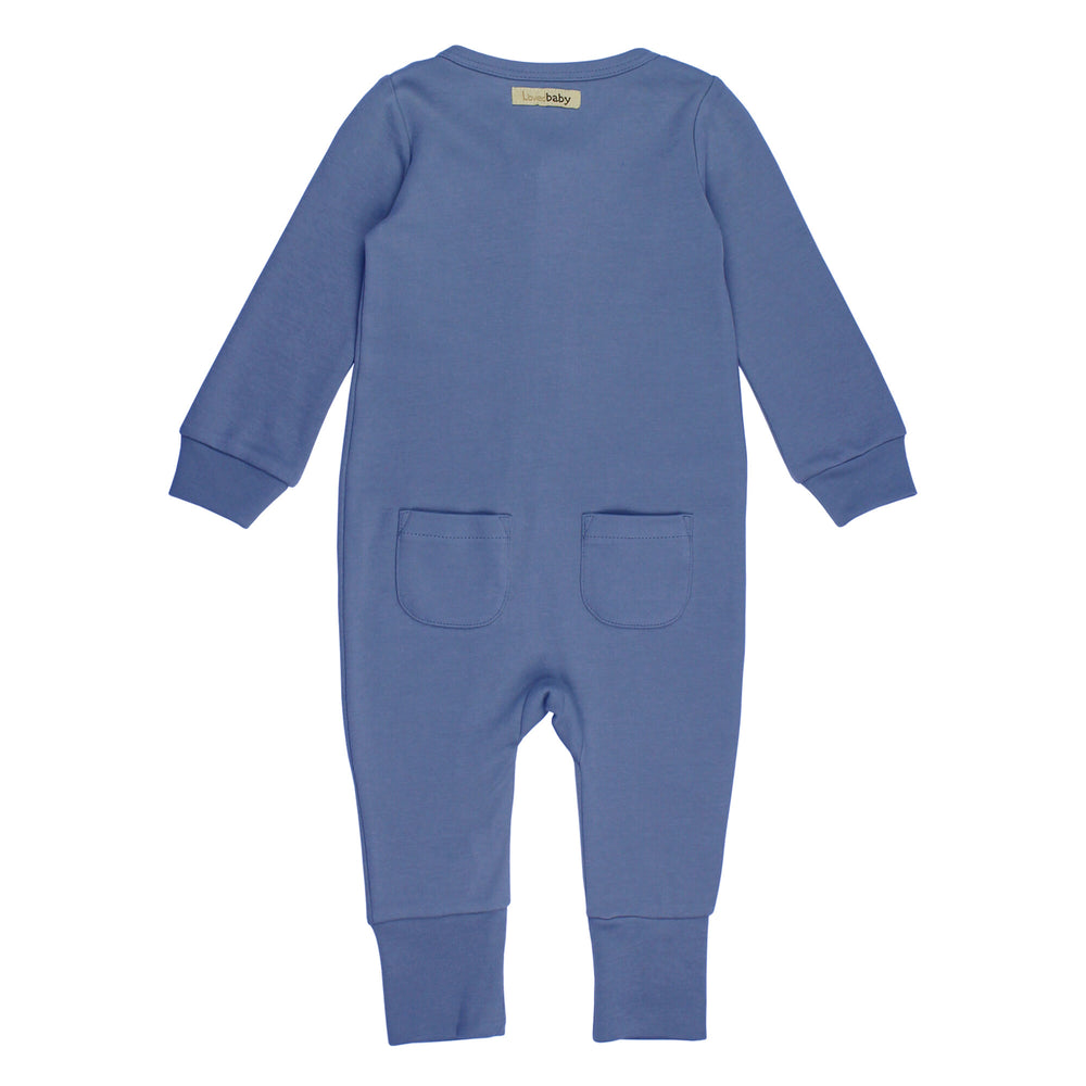 Back view of Organic Footless 2-Way Zipper Romper in Slate, a medium blue color.