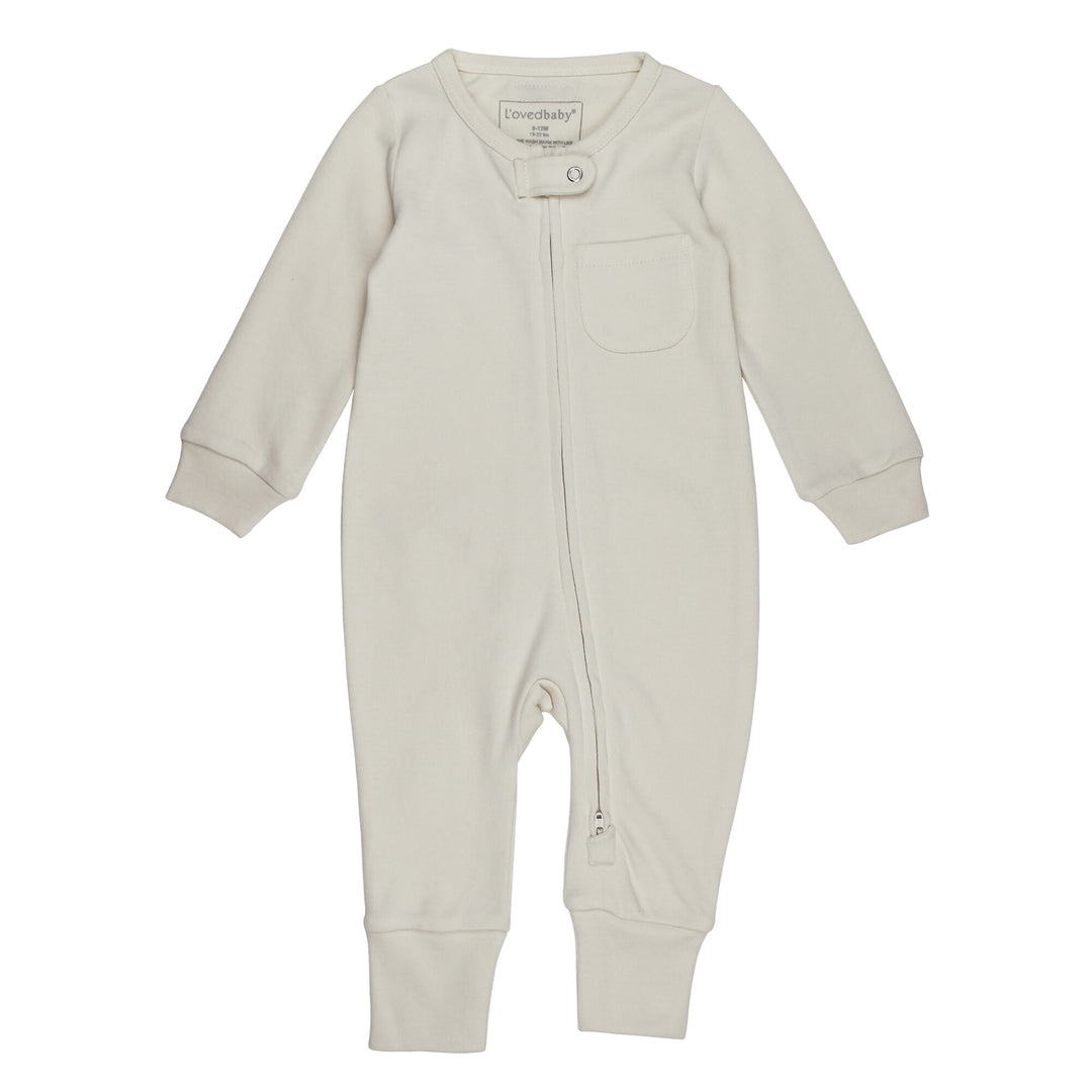 Organic Footless 2-Way Zipper Romper in Stone, an off white color.