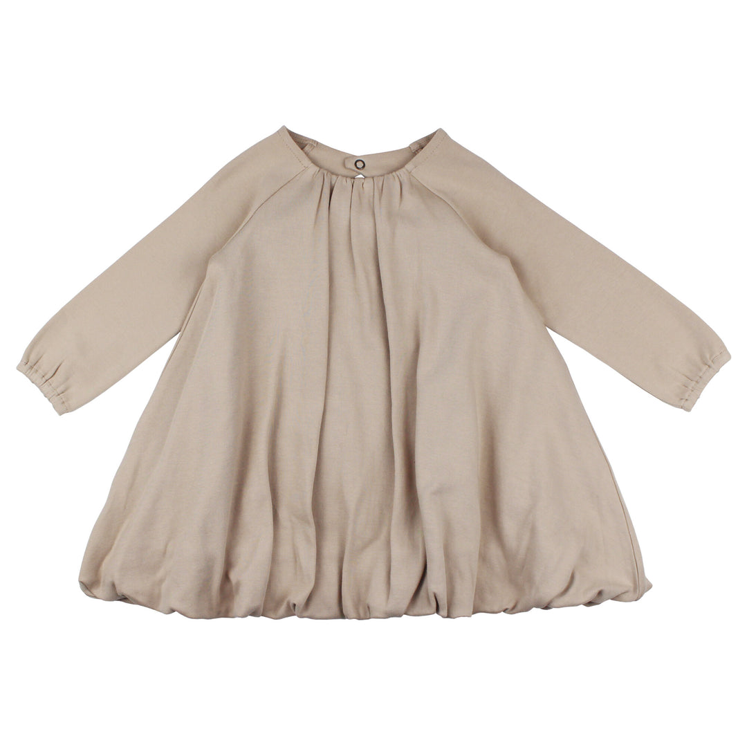 Organic Bubble Dress in Oatmeal, a light tan color.