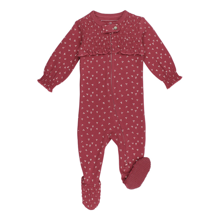 Organic Smocked Zipper Footie in Appleberry Dots.