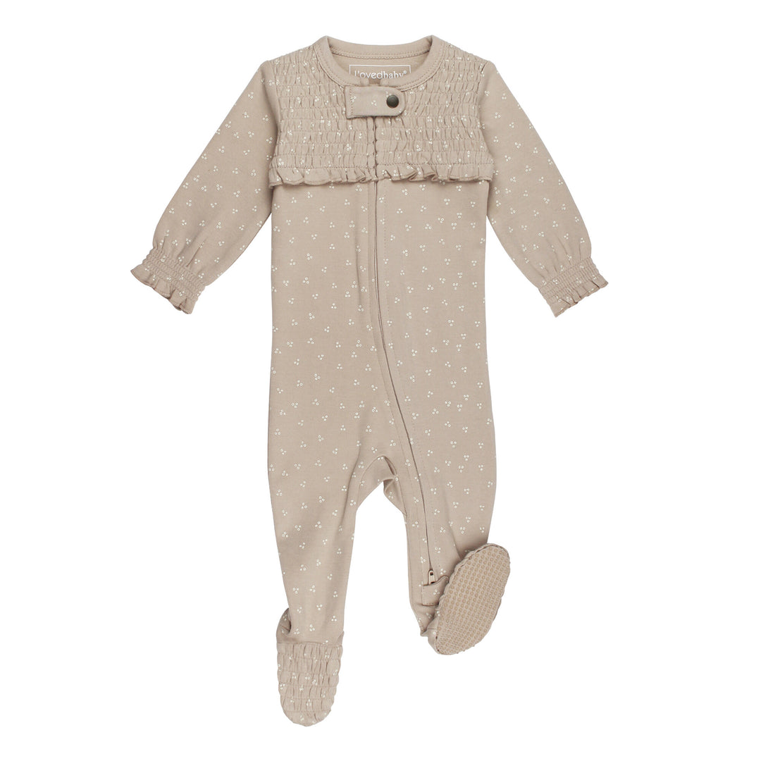 Organic Smocked Zipper Footie in Oatmeal Dots.