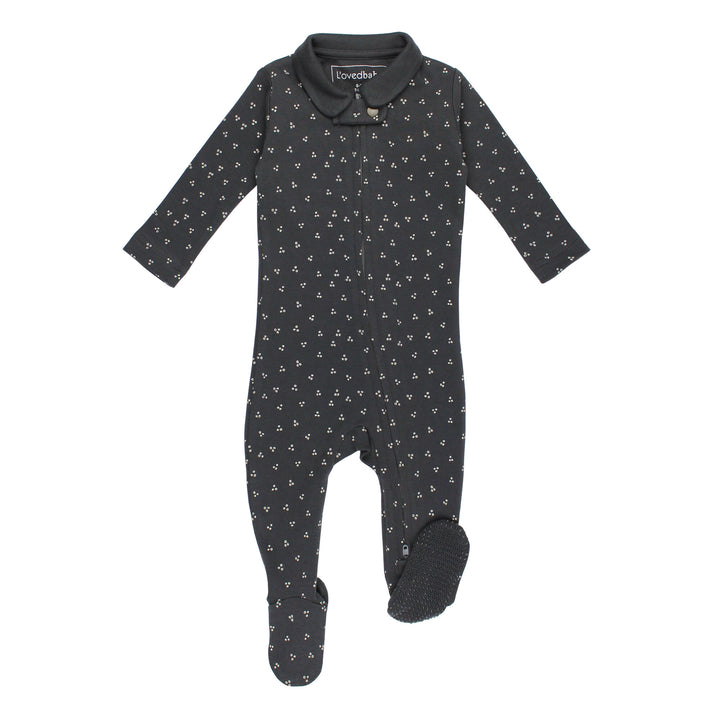 Organic Polo Zipper Footie in Charcoal Dots.