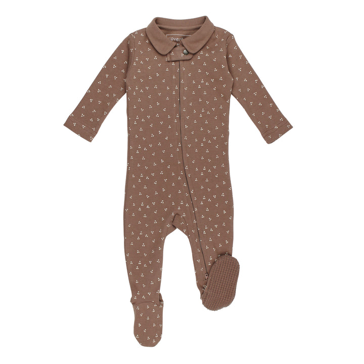 Organic Polo Zipper Footie in Latte Dots.