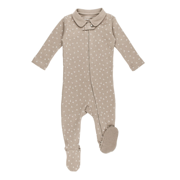 Organic Polo Zipper Footie in Oatmeal Dots.