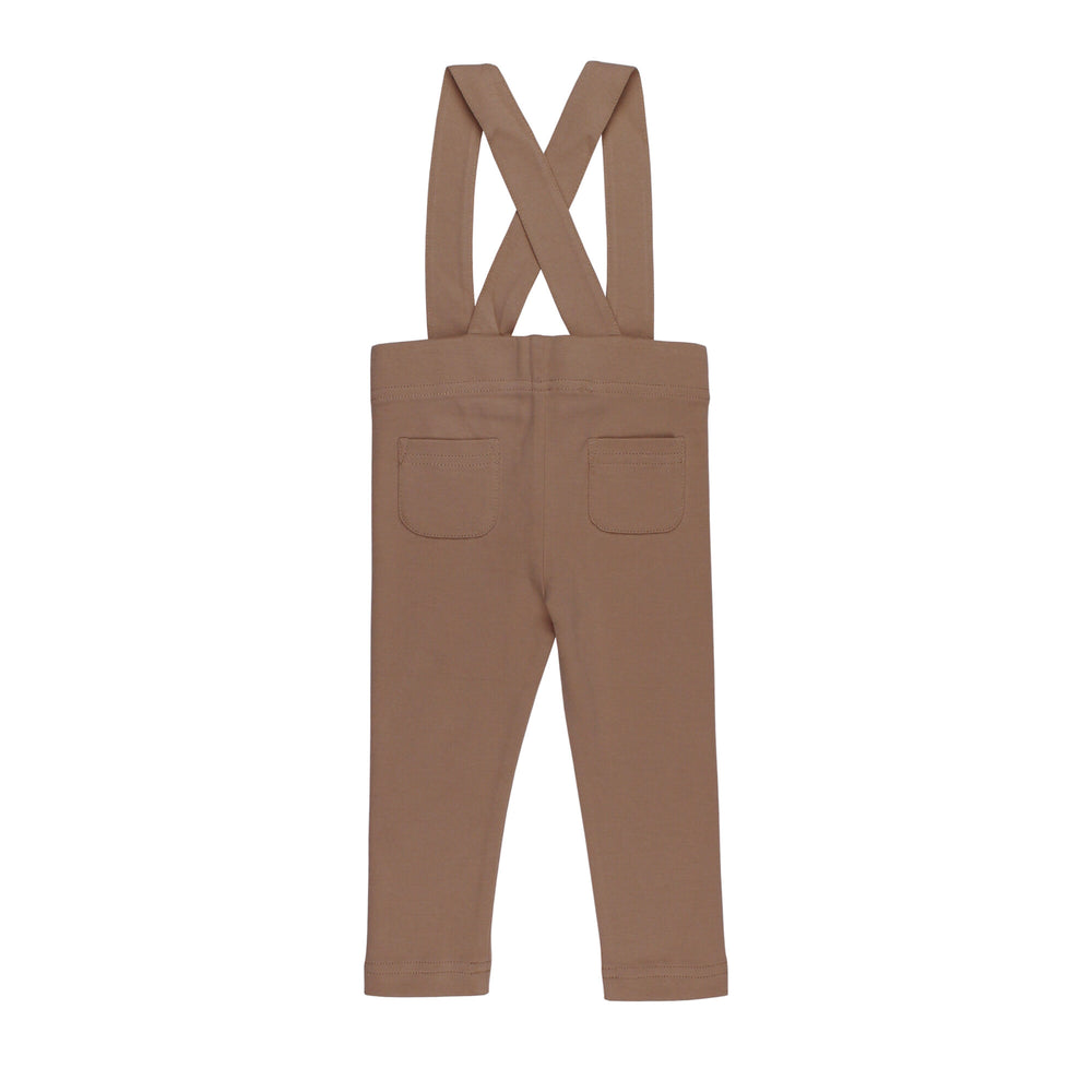 Back view of Organic Suspender Pant in Latte, a medium brown color.