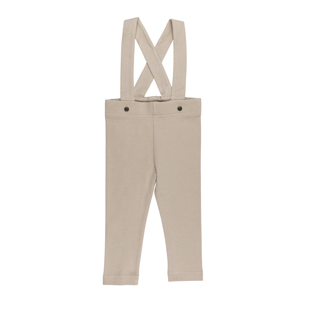 Organic Suspender Pant in Oatmeal, a light tan color.