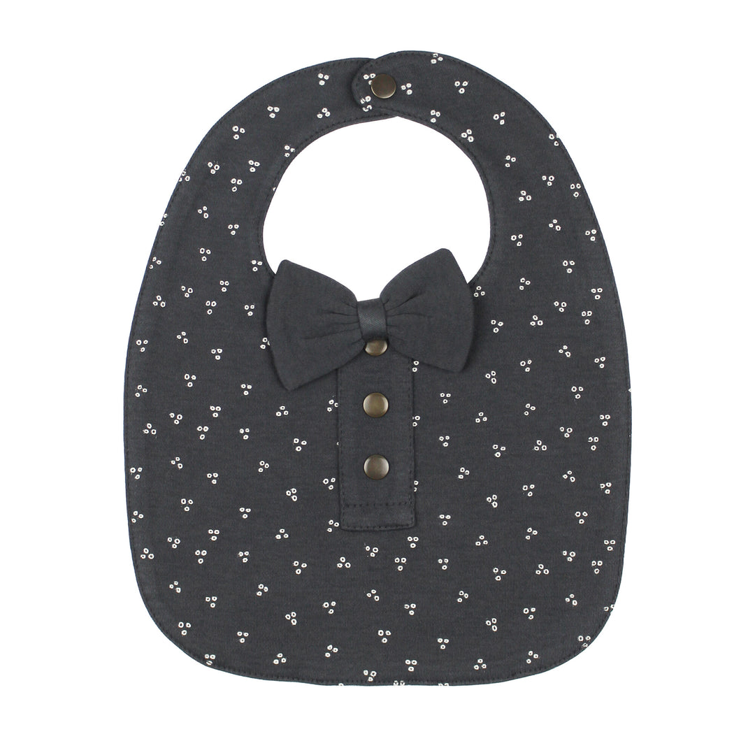 Organic Double-Layer Bowtie Bib in Charcoal Dots.