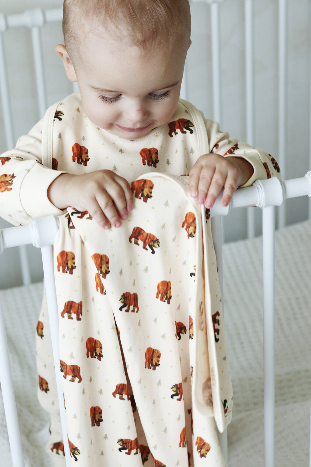 Child wearing Organic Blanket in Brown Bear.