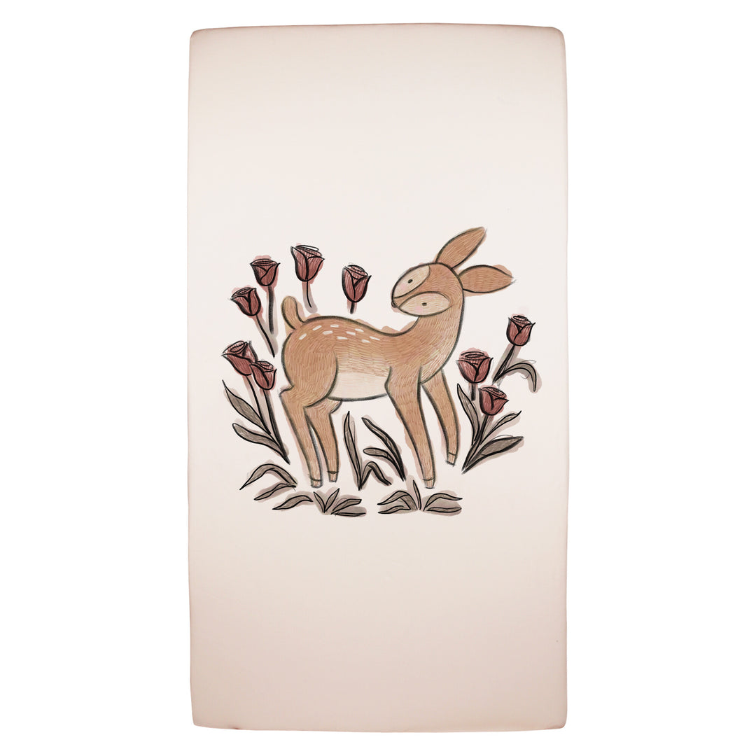 Organic Crib Sheets in Doe-a-Deer Graphic.