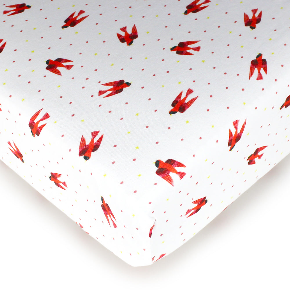 Organic Crib Sheets in Red Bird.