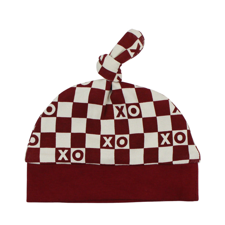 Organic Knotted Hat in Crimson XO Checker.