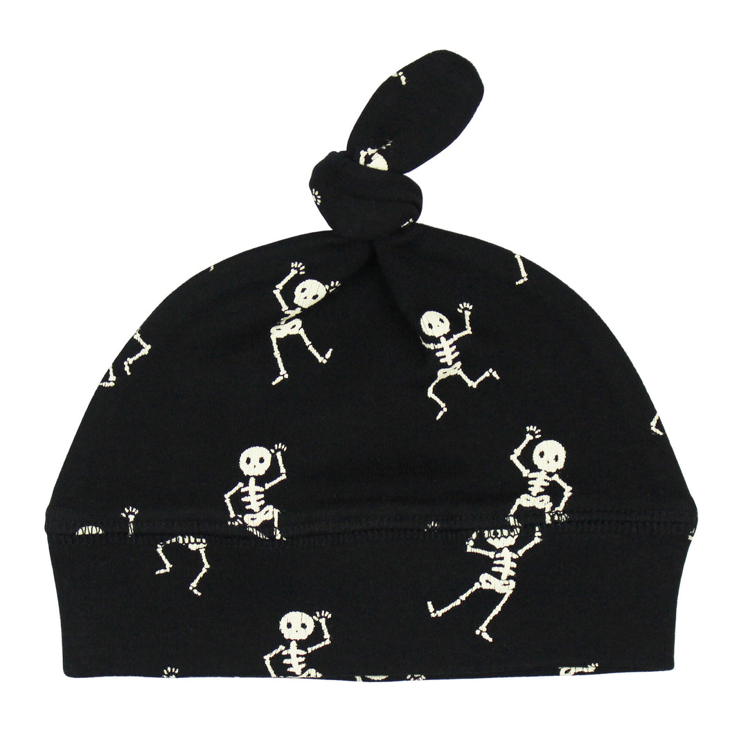 Organic Banded Top-Knot Hat in Dancing Skeletons.