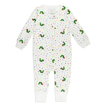 flat image of footless 2-way zipper romper in caterpillar print