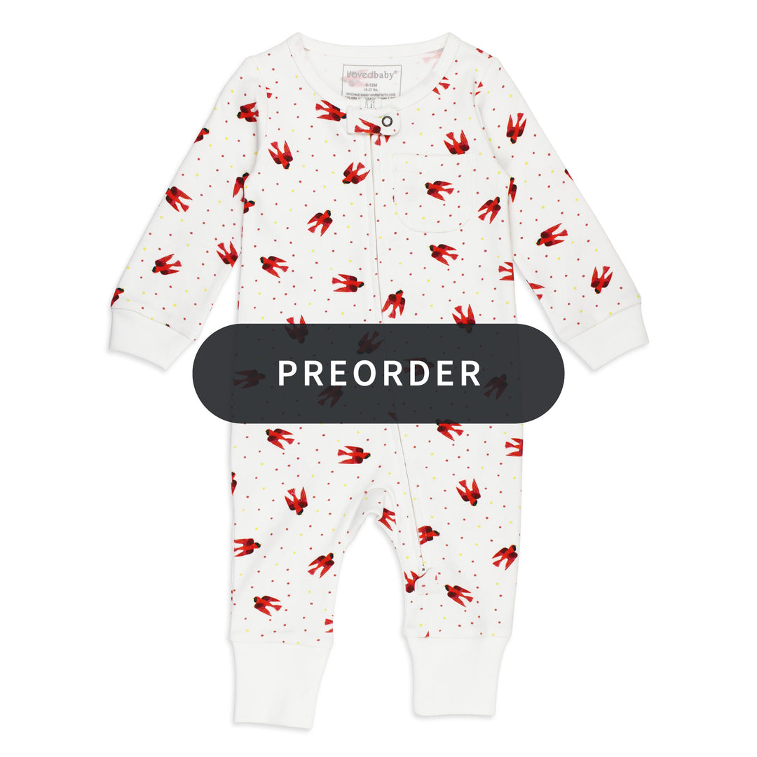 Organic Footless 2-Way Zipper Romper in Red Bird.