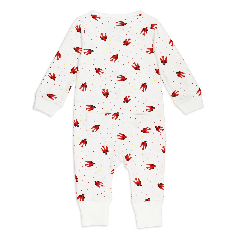 Back view of Organic Footless 2-Way Zipper Romper in Red Bird.